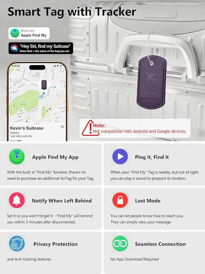Luggage Tag with Tracker (iOS Only), Premium PU Leather Luggage Tags for Suitcase, Privacy Cover & ID Card Slot, Stainless Loop for Travel Bags, Backpack, Pet Carrier, Ideal Gadgets (Purple)