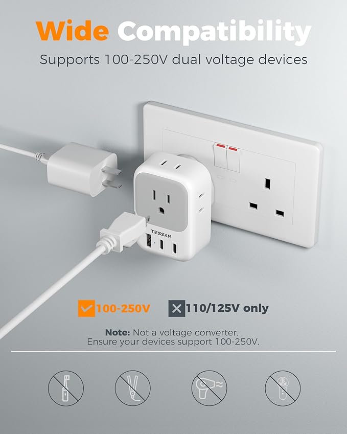 US to UK Plug Adapter 2 Pack, TESSAN Type G Adapter for Travel with 4 Outlets 3 USB (2 USB-C), Power Adaptor for US to UK Ireland London Scotland Kenya Dubai Singapore Hong Kong