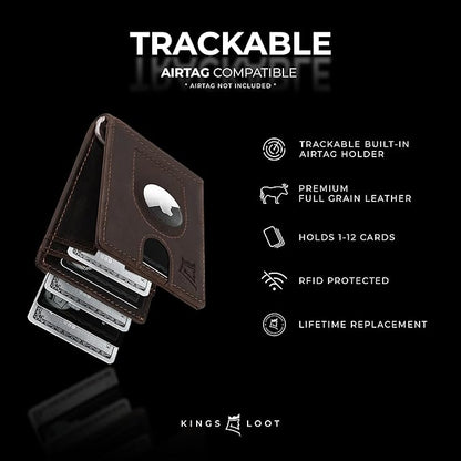 Kings Loot Trackable Airtag Wallet for Men | RFID Blocking Leather Design with Airtag Holder, Money Clip & Pull Tab | Minimalist Air Tag Wallets