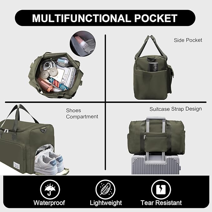 Gym Bag for Women Men, Travel Duffle Bag Large Capacity Carry On Weekender Bag With Shoe Compartment Gym Tote Dry Wet Separation Duffel Bag with Makeup Bag, Olive Green