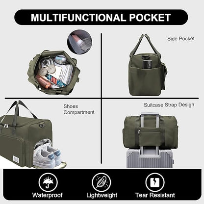 Gym Bag for Women Men, Travel Duffle Bag Large Capacity Carry On Weekender Bag With Shoe Compartment Gym Tote Dry Wet Separation Duffel Bag with Makeup Bag, Olive Green