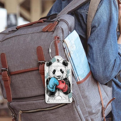 Funny PU Leather Luggage Tags 2-Pack Cool Boxing Panda Cute Pattern Suitable for Suitcase Stainless Steel Loop and Address Card Essential for Cruise and Airport Travel for Men and Women