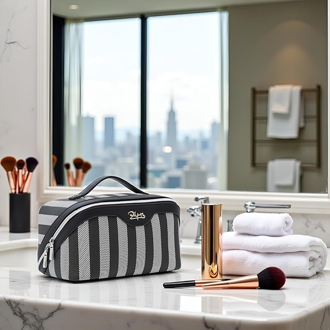 BOYATU Travel Makeup Bag for Women: Large Cosmetic Bag Set of 3 - PU Leather Make up Bag with Compartments - Compact Waterproof Toiletry Bag with Divider & Handle (B-4-Black)