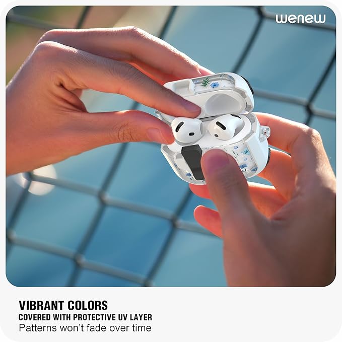 WENEW Case for AirPods 4th Case Cover Secure Lock Automatic Snap Switch Clip Cleaner Kit Lanyard Women Stylish Flower Armour Hard Shell Full Body Front LED Visible (Blue Flower, AirPods 4th)