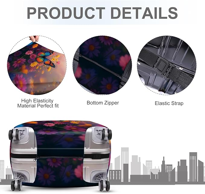 ANNA QUEEN Vibrant Butterfly Luggage Cover, Colorful Floral Design with Rainbow Butterfly, Stretchable, Washable Travel Sleeve for 20-34 Inch Luggage