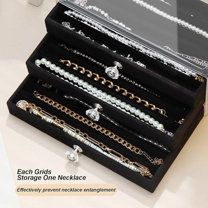 SPAKOWN Necklace Organizer Box, Velvet Necklace Box Holder Tray with Clear Lid Chains Showcase Stackable Necklace Storage for Pendant Bracelet (3 Drawers - Black)
