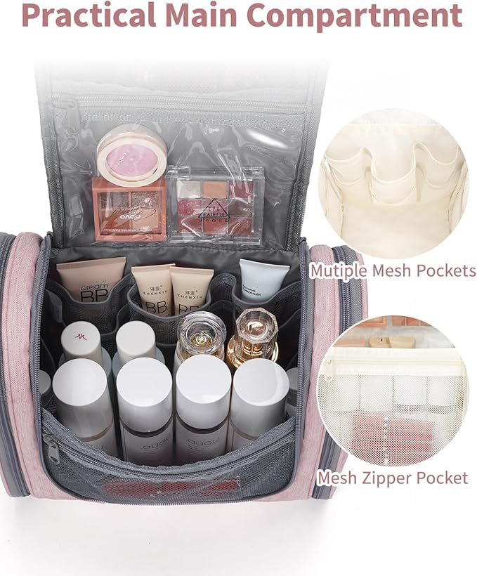 Narwey Hanging Toiletry Bag for Women Travel Makeup Bag Organizer Toiletries Bag for Cosmetics Essentials Accessories(Large, Pink)