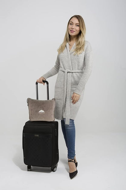 BlueHills Premium Soft Travel Blanket Pillow Airplane Flight Blanket Throw in Soft Bag Pillow case with Luggage Belt & Backpack Clip Compact Pack Large Airport Taupe T023