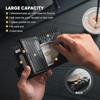 VULKIT Card Holder Bifold Pop Up Leather Wallet for Men RFID Blocking Metal Card Case, Holds 9 Cards and Banknotes Carbon Fiber Black