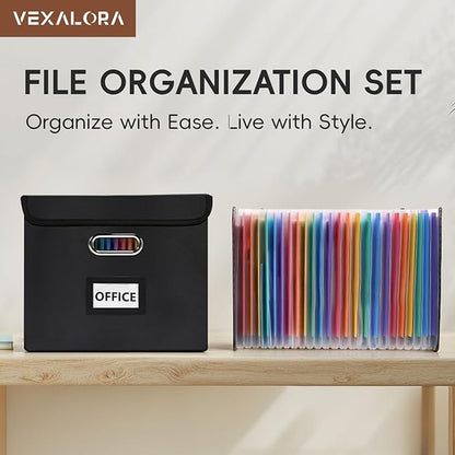 File Organizer Box with Folder, 25 Pockets Accordion File Organizer with Colored Labels, Upgraded & Portable File Folders for Home, Office, School, Black-Leather