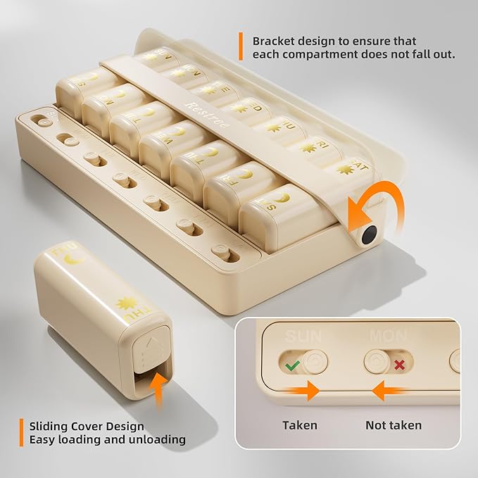 Restree Weekly Pill Organizer Two Time a Day, 7 Day Travel Pill Box, Daily Medicine Organizer, AM&PM Portable Pill Case for Vitamins Fish Oil/Supplements Medication Reminder Design (Beige)