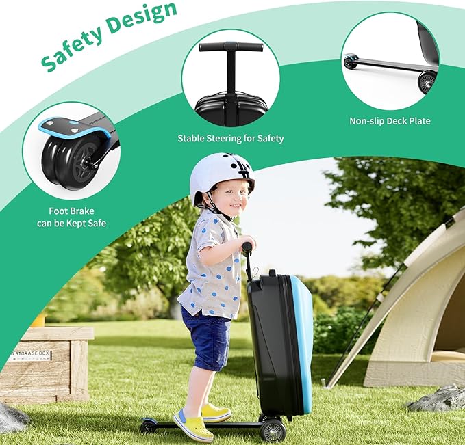 Scooter Hardshell Kids' Luggage, Foldable Carry on Kids Suitcase with Telescopic Handle for Travel, Multifunctional Ride On Lightweight Luggage with Wheels, Light Blue