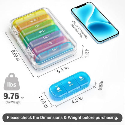 Vikie Weekly Pill Organizer 3 Times a Day, Morn NOON Night, BPA-Free, Portable & Moisture-Proof for Pills, Vitamins, Supplements (3x7 Transparent + Rainbow)