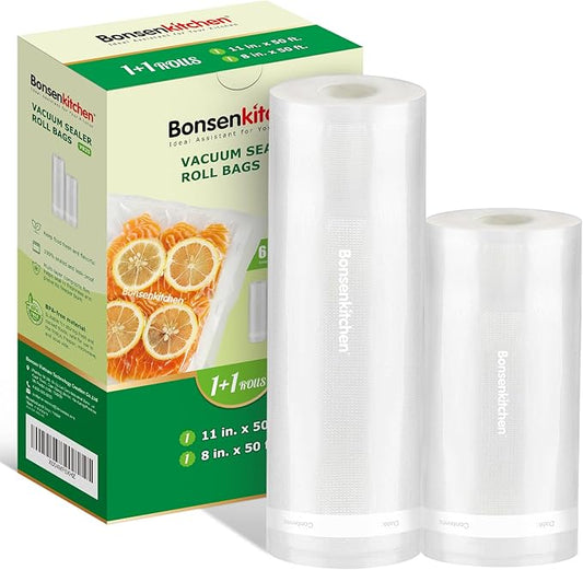 Bonsenkitchen Vacuum Sealer Bags Rolls, 11in x 50ft & 8in x 50ft Durable Food Sealer Bags, Commercial Grade, Heavy Duty, BPA Free, Seal a Meal, Great for Food Storage & Sous Vide Cooking, VB25