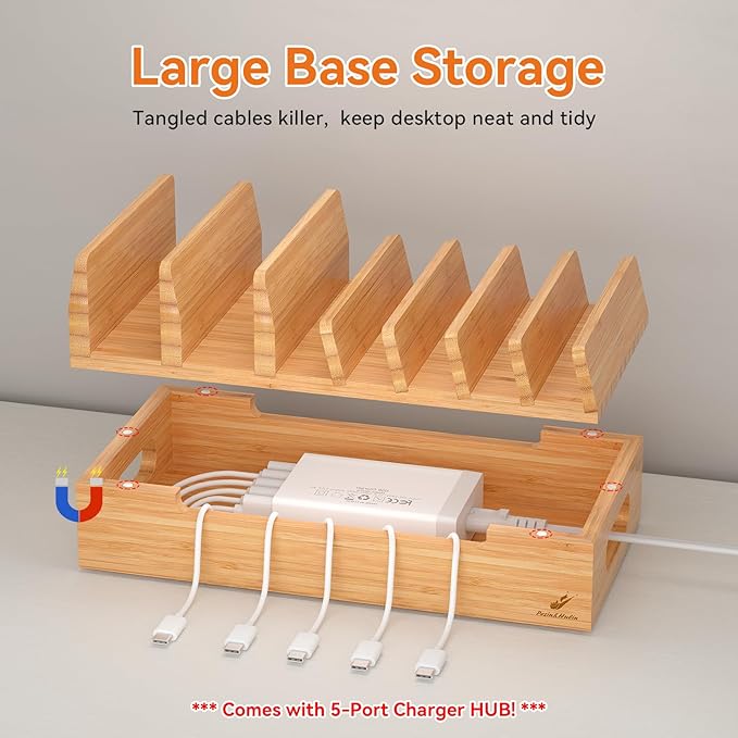 Pezin & Hulin Bamboo Charging Station with Watch Stand, Docking Holder for Multi Device with 5 Port USB Charger HUB, 5 Charge Cables, Desktop Electronic Organizer for Cellphone, Tablet, Watch