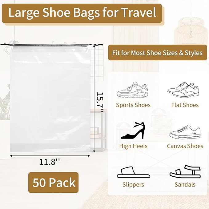 50 Pack Shoe Bags for Travel, 15.7" x 11.8" Clear Travel Shoe Bags for Packing, Large Waterproof Portable Drawstring Travel Shoe Storage Bag Travel Essentials Women for and Men
