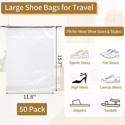 50 Pack Shoe Bags for Travel, 15.7" x 11.8" Clear Travel Shoe Bags for Packing, Large Waterproof Portable Drawstring Travel Shoe Storage Bag Travel Essentials Women for and Men