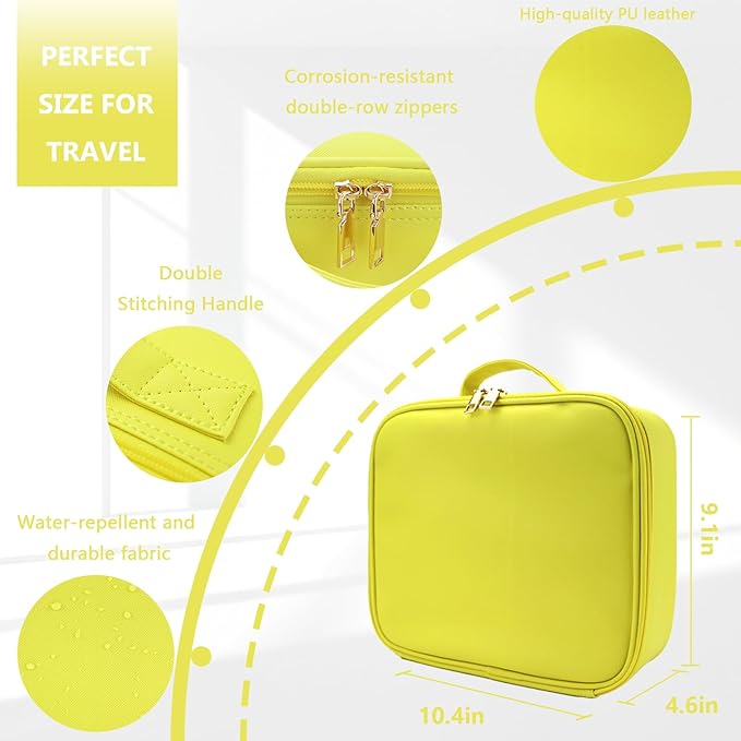 Travel Makeup Bag for Women and Makeup Artists Cosmetic Organizer Large Makeup Case,Travel Makeup Bag with Mirror 3 Color Setting,Portable Storage and Adjustable Dividers(yellow)
