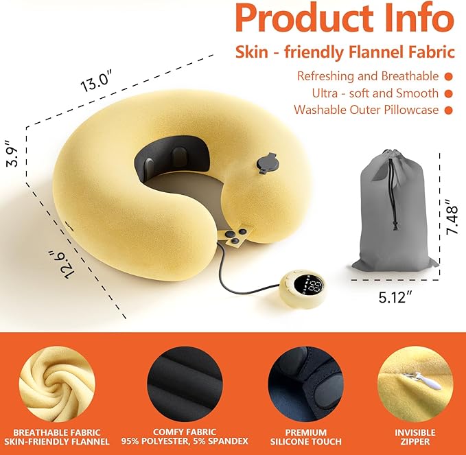 Inflatable Massage Travel Pillow – 6-Mode Adjustable Vibration, Soft Neck Support Cushion for Airplane, Car, Office & Home, Easy to Inflate & Carry