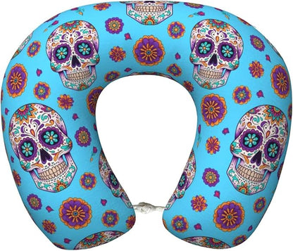 Neck Pillow Memory Foam Chin Cushion with Breathable Cover Mexican Sugar Skulls Day of The Dead Cross Flowers Green, Cute Airplane Car Pillows for Office Head Pain Relief