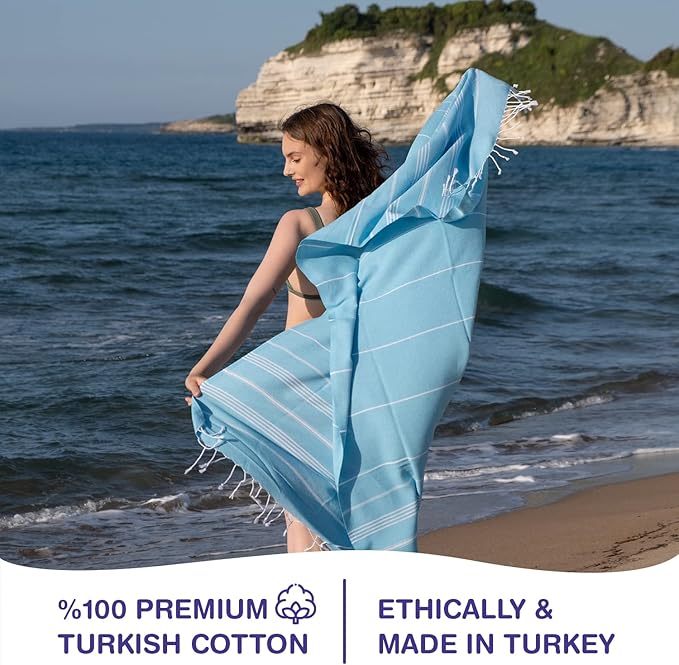 Turkish Beach Towels, Bulk Case of 12 | Oversized, Quick Dry, Sand Free | 100% Cotton, Large 38x71 Towels for Beach, Pool, Travel | Ultra-Soft, Compact, Absorbent | Turquoise