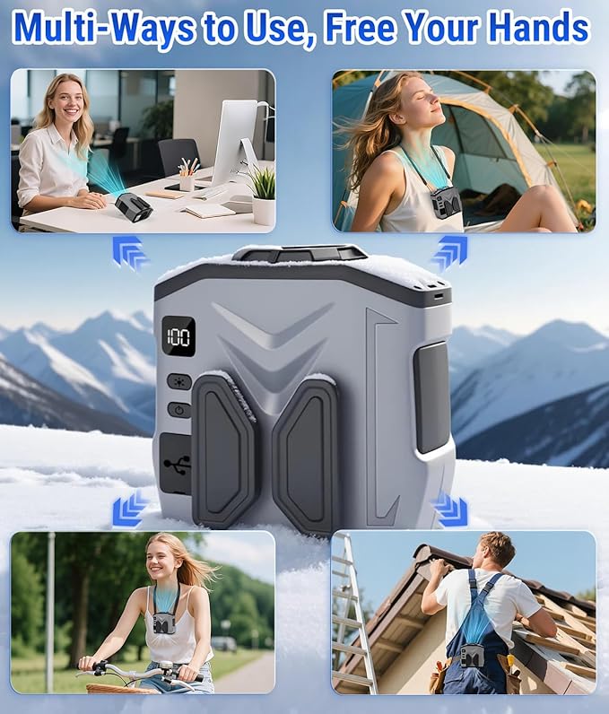2025 Portable Waist Belt Clip Fan 10,000mAh/ 20,000RPM/ 100Speeds /40H Rechargeable Body Wearable Shirt Fan Strong Airflow, Hands-free Personal Hanging Neck Fan SOS Light for Outdoor Hiking Camping