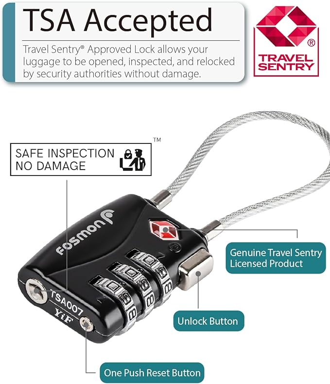 Fosmon TSA Approved Cable Locks for Luggage, Suitcase, Gun Case Locks with Push Release Button, 3 Digit Long Shackle Combination Wire Locks for Backpack Zipper Anti Theft, Gym Locker -3 Pack, Black
