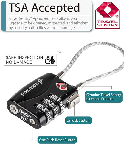 Fosmon TSA Approved Cable Locks for Luggage, Suitcase, Gun Case Locks with Push Release Button, 3 Digit Long Shackle Combination Wire Locks for Backpack Zipper Anti Theft, Gym Locker -3 Pack, Black