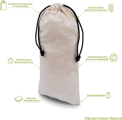 ZENPAC Cloth Shoe Bags for Travel, Beige Duster Flannel Pouch with Drawstring Closure, Washable Breathable Cotton Fabric for Luggage, 8x17, 4 Pack