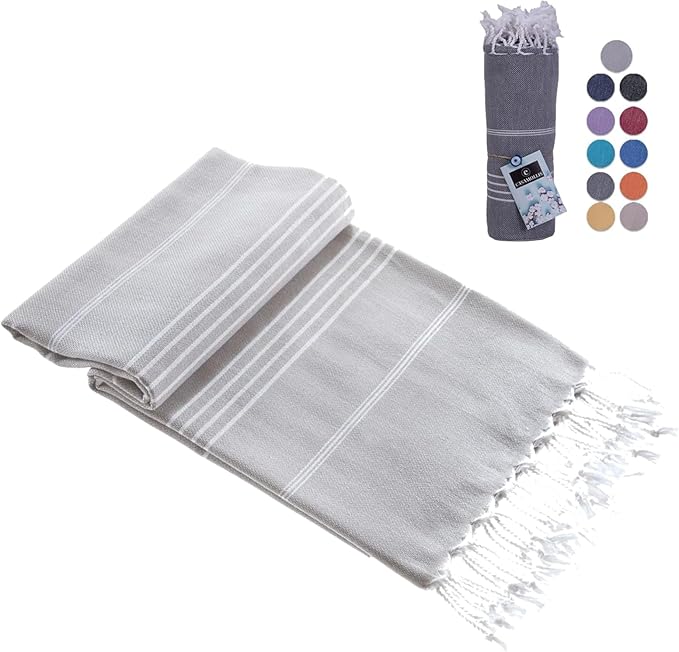Turkish Beach Towel, Prewashed, 100% Cotton, Soft, Absorbent, Quick Dry, Sand Free Large Oversize Beach Towels for Bathroom Camping Yoga Gym Pool Travel Size 39x71 Inches (Light Gray)