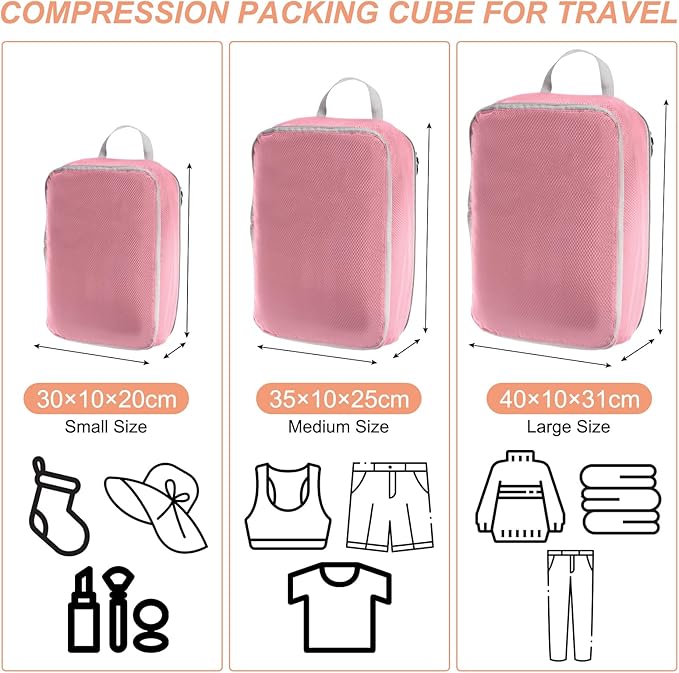 PATIKIL Compression Packing Cube for Travel, 3 Set Waterproof Nylon Luggage Organizer Bags Lightweight Compression Cube for Outdoor Suitcases Backpack, Pink