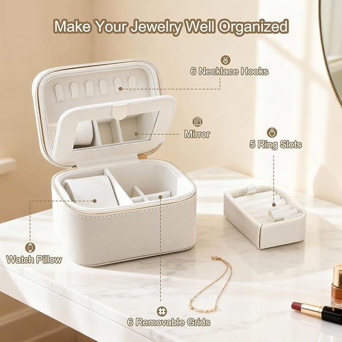 DesignSter Travel Jewelry Case,Small Jewelry Box with Mirror,Leather Material Travel Jewelry Case Organizer, Portable Jewelry Organizer with Zipper(Gray