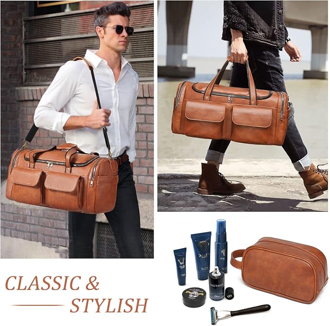 Travel Duffel Bag for Men, Large PU Leather Carry on Duffle Bag for Traveling, Waterproof Overnight Weekender Gym Bags with Shoe Compartment - Perfect for Daily Use/Birthday Gift