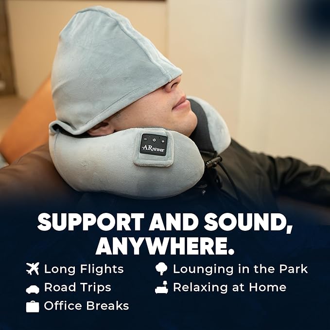 Bluetooth Music Semicircular Neck Pillow with Hood Wireless Bluetooth Speaker Suitable Airplane,Car,Office,and Outdoor Camping for Sleeping, Resting The Best Travel Essentials. (Dark Gray)