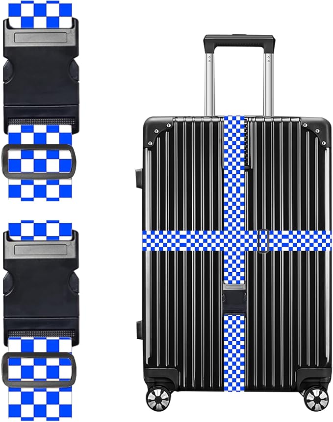 Nuxovilar Luggage Straps of 2 Set Blue White Checkered Pattern, 1.96x90.5 inches - Luggage Straps for Suitcases, Ideal for Sea Trips, Casual Trips, Daily Use
