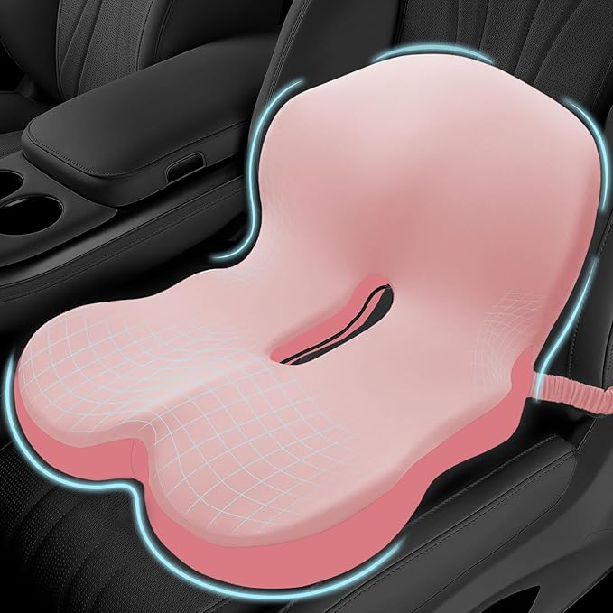 Memory Foam Seat Cushion for Sciatica & Back Pain Relief - Ergonomic Chair Pad with Adjustable Strap & Supportive Comfort Cover, Non-Slip for Car, Truck, Office Chair - Pink