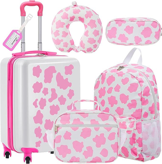 Redbaker 6 Pcs Kids Luggage Set 17 Inch Kids Rolling Luggage Double Pattern Suitcase for Girls Boys School Gift(Pink and White, 17 Inch, Cow Point Style)