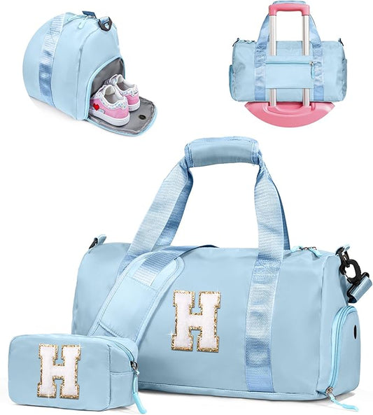 Gifts for Daughter-Girl Gym Bag with Shoe Compartment, Kid Personalized Weekender Overnight Bags, Initial Travel Tote with Makeup Pouch, Gift for Granddaughter Sister Niece (Letter H)