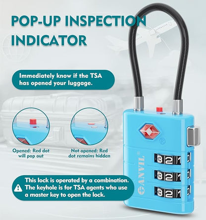 ANVIL TSA Approved Luggage Locks – High Security TSA008 Combination Travel Locks with Inspection Indicator for Suitcases and Backpacks. (3, 3 Colors)
