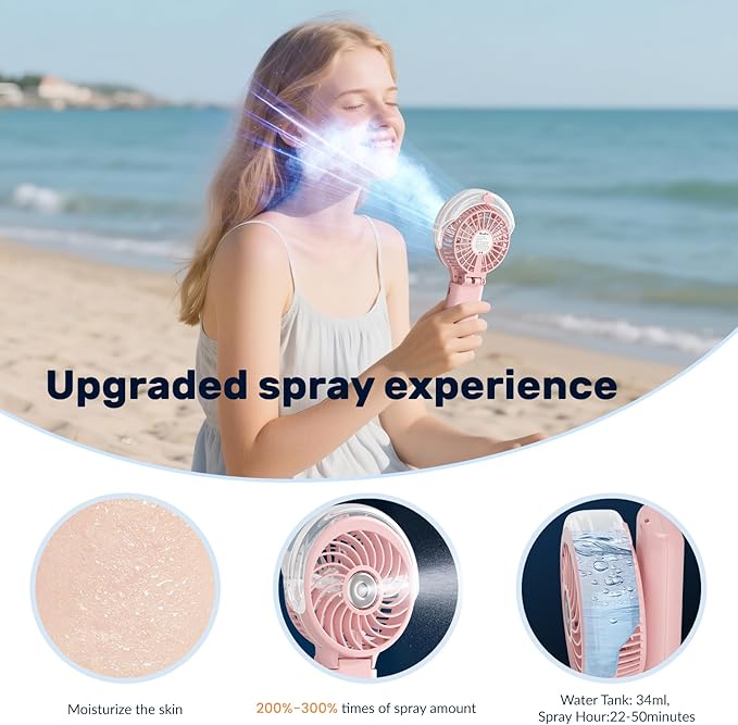 HandFan 5200mAh Upgraded Handheld Misting Fan, Personal Mister Fan, Spray Water Mist Fans USB Rechargeable, Electric Mini Cooling Ice AC Fans for Summer Beach Travel Gifts for Women(Pink)