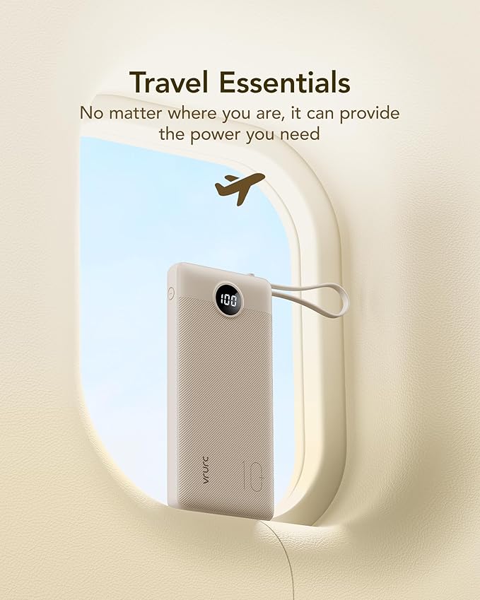 VRURC Portable Charger Power Bank,10000mAh Travel Essentials Battery Pack, 5 Outputs 2 Inputs Slim USB C Charging Bank Built-in Cables Cords for iPhone 17 16 15 13,Samsung,Android-Light Coffee(1 Pack)