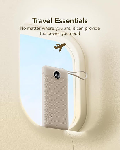 VRURC Portable Charger Power Bank,10000mAh Travel Essentials Battery Pack, 5 Outputs 2 Inputs Slim USB C Charging Bank Built-in Cables Cords for iPhone 17 16 15 13,Samsung,Android-Light Coffee(1 Pack)