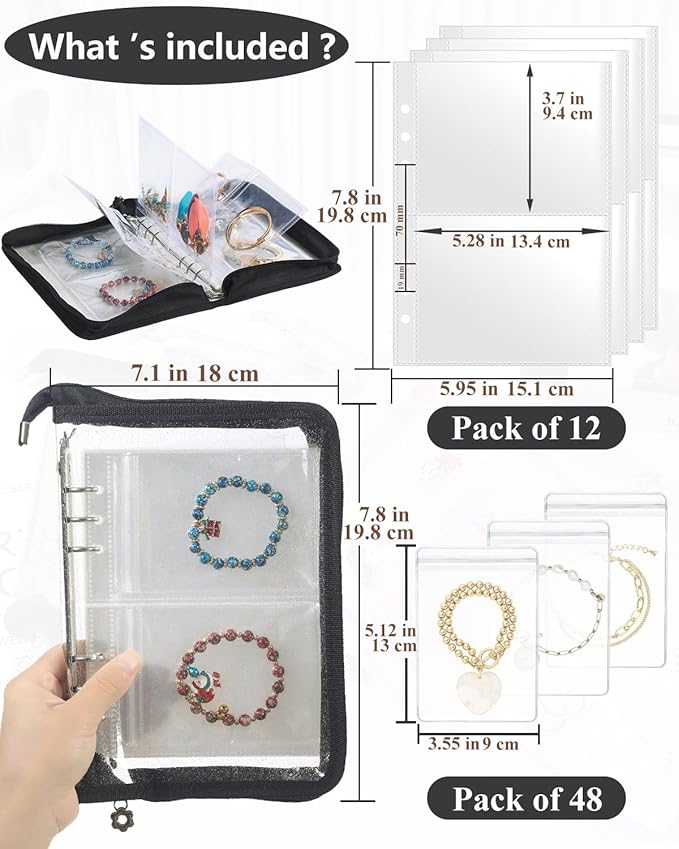 AOLEIXIYA Jewelry Organizer Book Clear Travel earring book organizer Transparent Jewelry Book with Zipper Pouch Bags (Black,With 48 PCS Large Jewelry Bags)