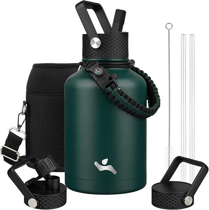 Insulated Water Bottle with Straw,50 oz 3 Lids Water Jug with Carrying Bag,Paracord Handle,Double Wall Vacuum Stainless Steel Metal Flask,Dark Green