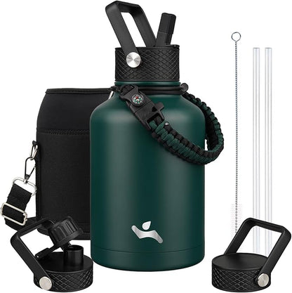 Insulated Water Bottle with Straw,50 oz 3 Lids Water Jug with Carrying Bag,Paracord Handle,Double Wall Vacuum Stainless Steel Metal Flask,Dark Green