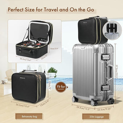 Travel Makeup Bag with LED Mirror Double Layer, Detachable Vanity Mirror with Lights, Tri-light Dimmable, Makeup Case with Adjustable Dividers and Brush Holder Cosmetic Organizer Storage Box