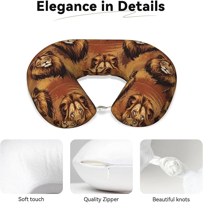 Neck Support Pillow, Comfortable Memory Foam Car/Flight/Airplane Chin Pillows U Shaped Cushion for Office Travel Sleeping Lions Animal King