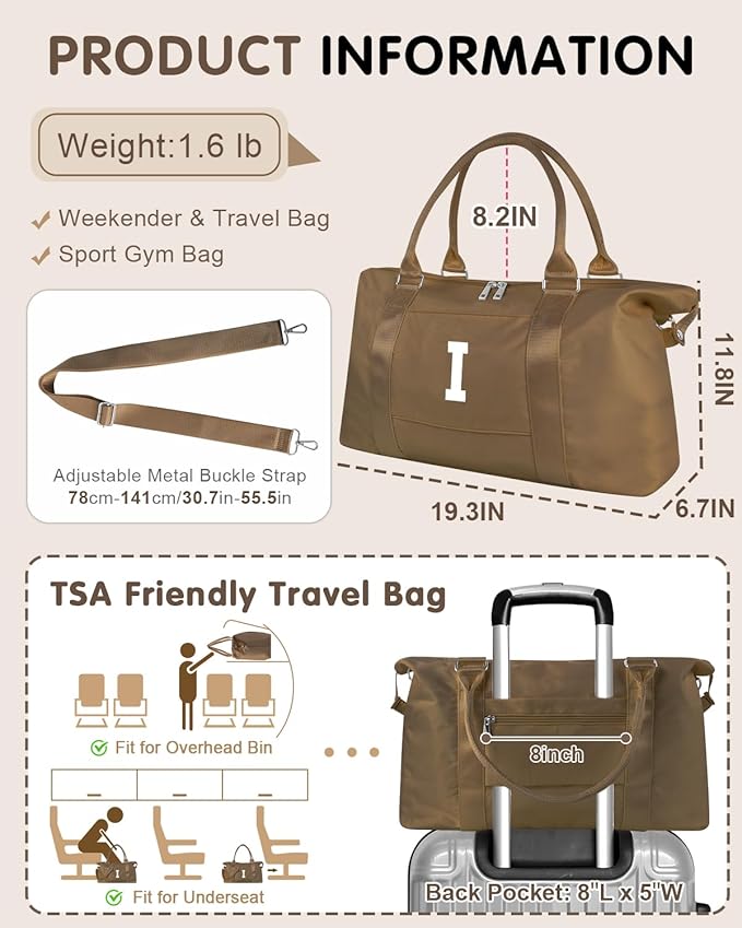 Birthday Graduation Gifts for Daughter,Initial Travel Duffel Bag Sports Gym Bag for Girls Teen Kids Birthday Gifts,Personalized Weekender Bag Carry On Tote Bags Cute Overnight Bag for Women(Brown, I)