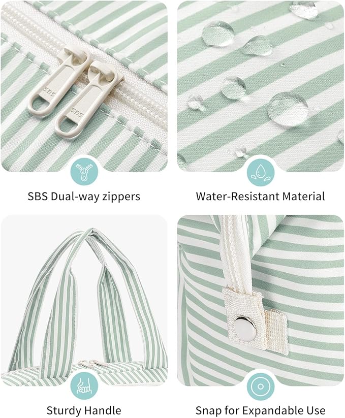 Narwey Travel Toiletry Bag, Wide-open Large Toiletry Bags for Traveling Women, Checkered Travel Bag for Toiletries Cosmetic Makeup Bag Organizer, Skincare Make Up Bag (Mint Green Stripe)