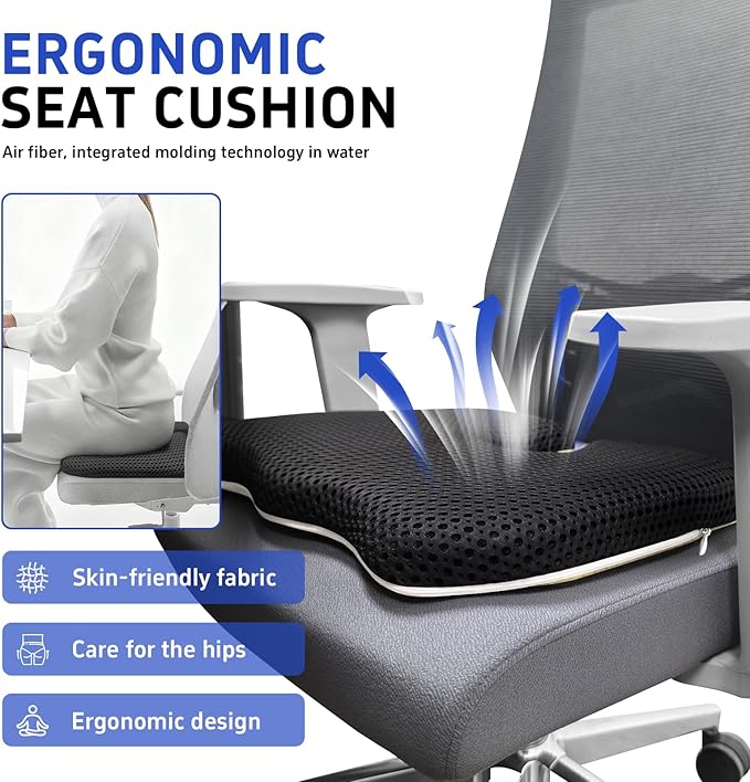 Gooo&Ma Ergonomic Seat Cushion with Air Fiber Core, Office Chair Cushion with Washable Cover & Non-Slip Base for Pressure Relief, Comfort for Long Sitting, Driving, Gaming(Black)